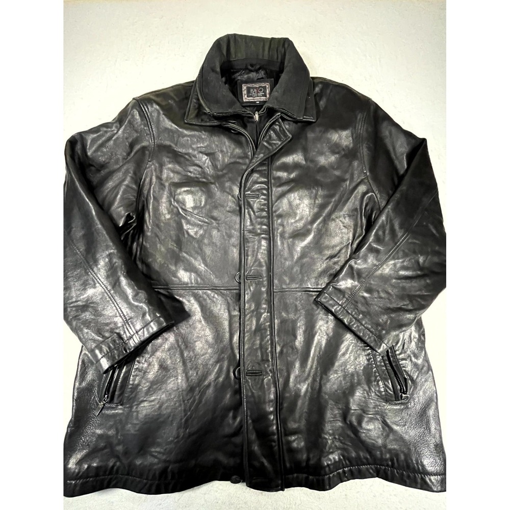 Vintage Italo Jacket Mens XL Black Genuine Leather Full‎ Zip Pockets Long Sleeve